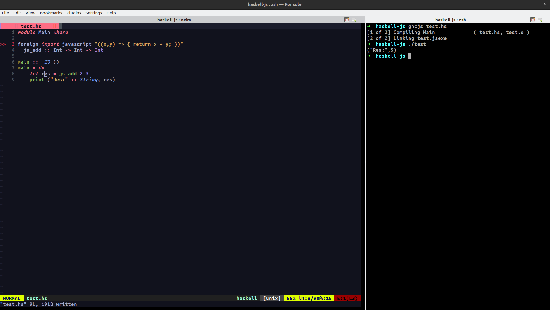 Screenshot of running the GHCJS example